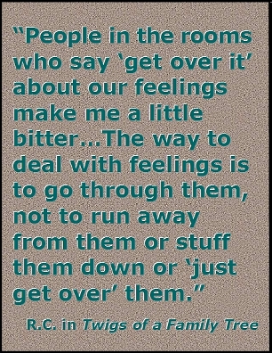 People in the rooms who say "get over it" about our feelings make me a little bitter ... The way to deal with felings is to go through them, not to run away from them or stuff them down or "just get over" them. #Feelings #GetOverIt #TwigsOfAFamilyTree